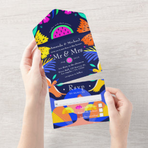 Invitation Tout En Un Aquarelle colorée Floral mexicain Fiesta Mariage