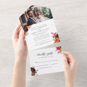 Invitation Tout En Un Aquarelle d'automne violet Floral Mariage photo