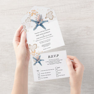 Invitation Tout En Un Aquarelle de corail bleu orange