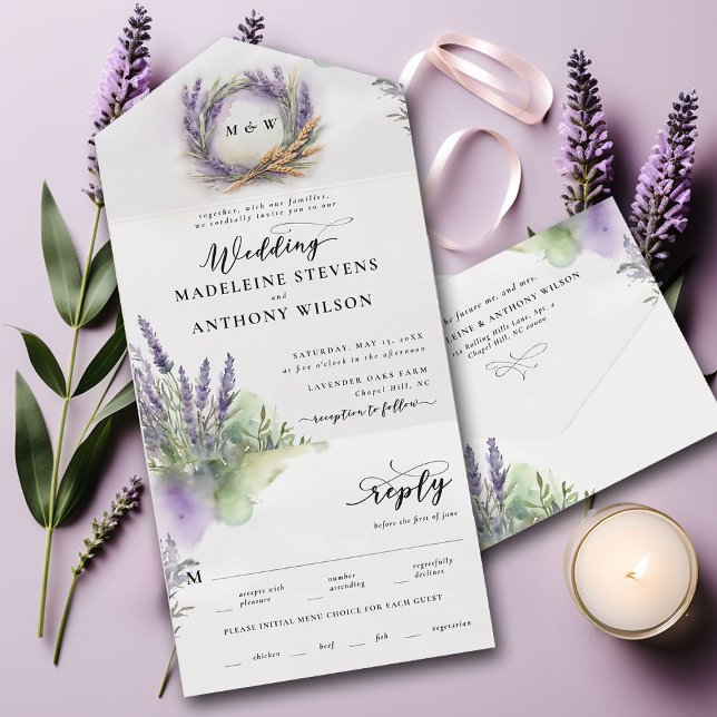 Invitation Tout En Un Aquarelle de lavande rustique Mariage romantique m (rustic lavender all in one tri fold wedding invitation modern watercolor romantic elegant wreath)