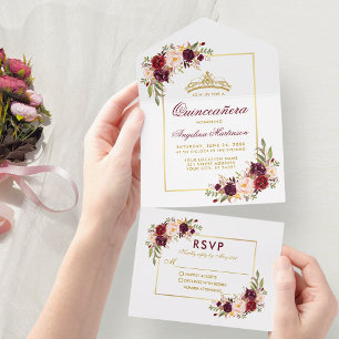Invitation Tout En Un Aquarelle de Quinceanera Couronne d'or floral bord