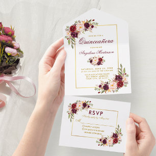 Invitation Tout En Un Aquarelle de Quinceanera Or floral Bourgogne
