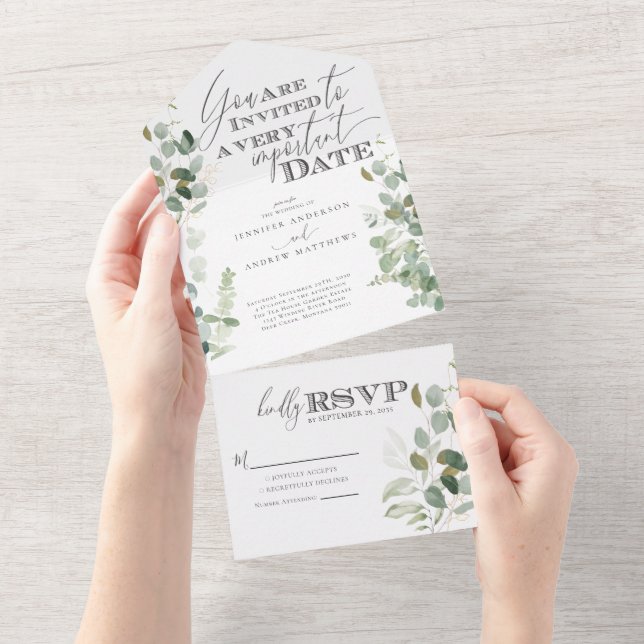 Invitation Tout En Un Aquarelle de verdure d'eucalyptus  (Déchirure)