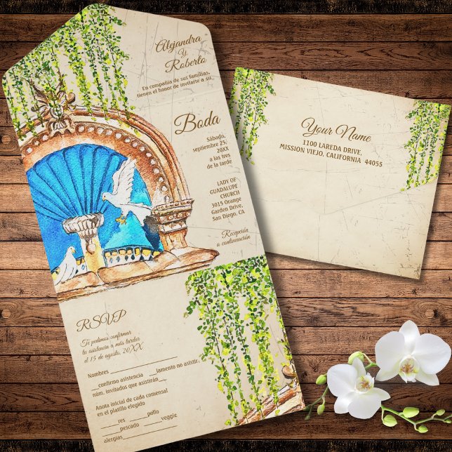 Invitation Tout En Un Aquarelle espagnole peinte à la main Vieux Mexique (Créateur téléchargé)