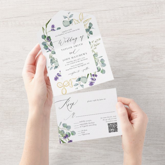 Invitation Tout En Un Aquarelle Eucalyptus Lavender Mariage (Déchirure)