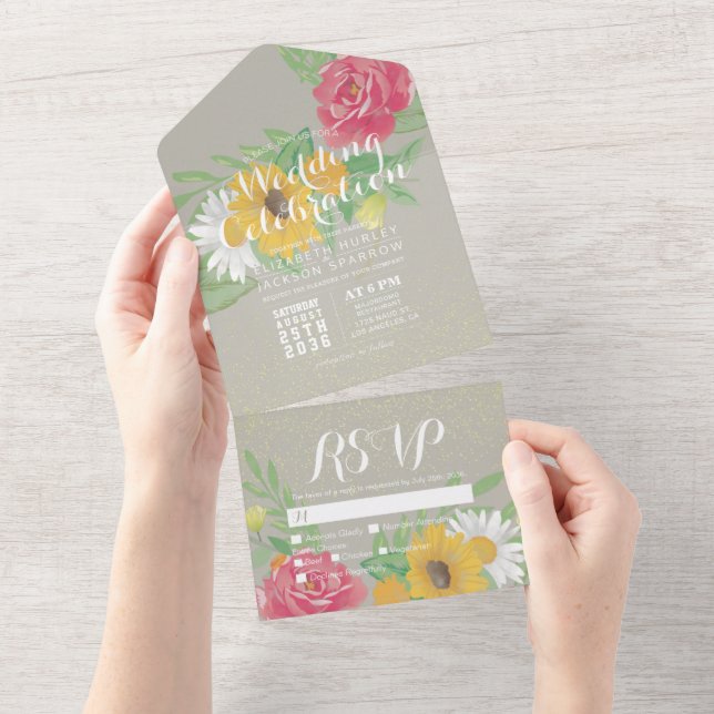 Invitation Tout En Un Aquarelle Fleurs Vert Or Parties scintillant Maria (Déchirure)