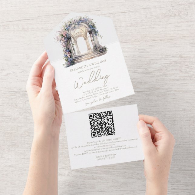 Invitation Tout En Un Aquarelle Floral Arch Wedding Rsvp QR Code (Déchirure)