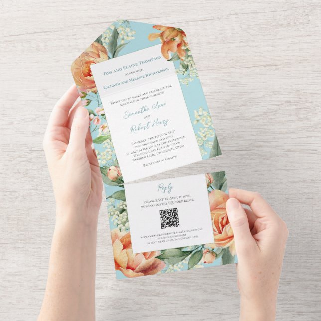 Invitation Tout En Un Aquarelle Floral élégant mariage bleu (Déchirure)