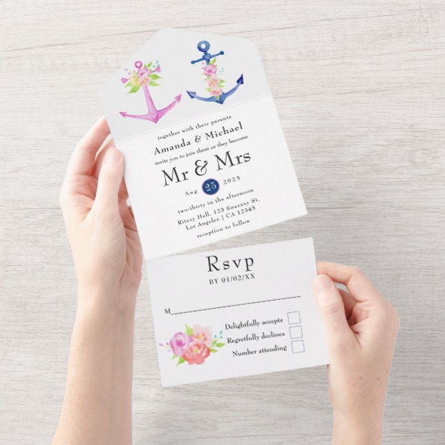 Invitation Tout En Un Aquarelle Floral Mariage nautique (Déchirure)