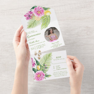 Invitation Tout En Un Aquarelle Floral Peonies roses Photo Quinceañera
