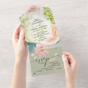 Invitation Tout En Un Aquarelle Floral Sage Mariage vert