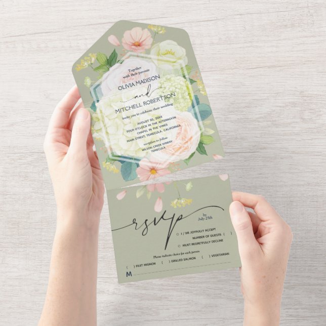 Invitation Tout En Un Aquarelle Floral Sage Mariage vert (Déchirure)