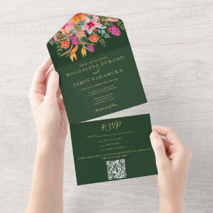 Invitation Tout En Un Aquarelle Floral Tropical Vert Rose & Orange
