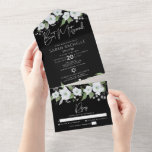 Invitation Tout En Un Aquarelle florale bat mitzvah noir<br><div class="desc">Soyez fier, réjouissez-vous et présentez ce jalon de votre Bat mitzvah préféré avec cette invitation tout-en-un sophistiquée, moderne et personnalisée pour un événement à retenir. Une aquarelle florale chic, étonnante, blanche et argentée parties scintillant, une typographie de scénario de feuille d'argent faux et blanc sans serif type superposent un arrière...</div>