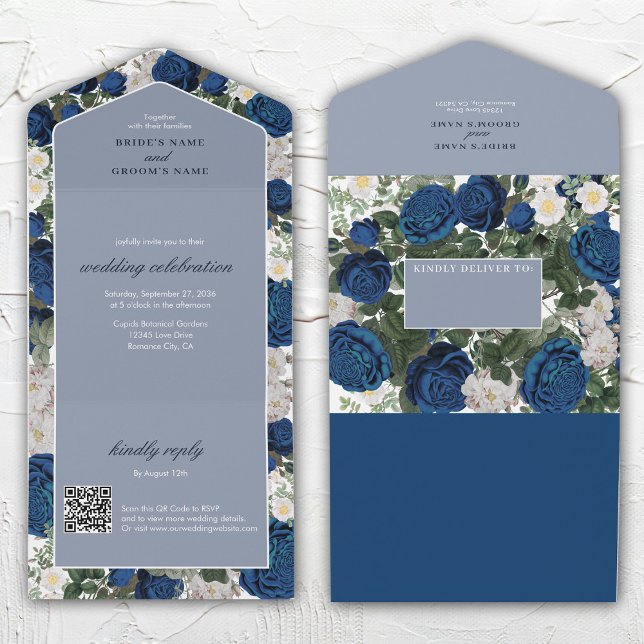 Invitation Tout En Un Aquarelle Florale Bleue Moderne Mariage élégant (Modern Blue Floral Watercolor Elegant Wedding All In One Invitation)