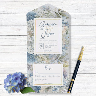 Invitation Tout En Un Aquarelle Florale Bleue Rustique Pas de dîner