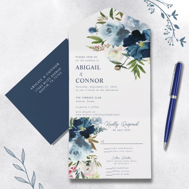 Invitation Tout En Un Aquarelle florale élégante marine et bleu poussiér (Créateur téléchargé)