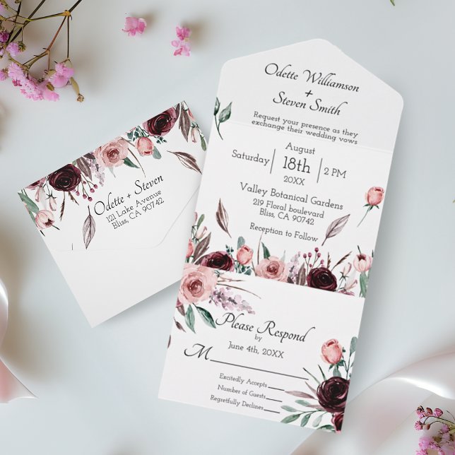 Invitation Tout En Un Aquarelle florale mariage rose et bordeaux (Wedding Blush Pink and Burgundy Floral Watercolor All In One Invitation)