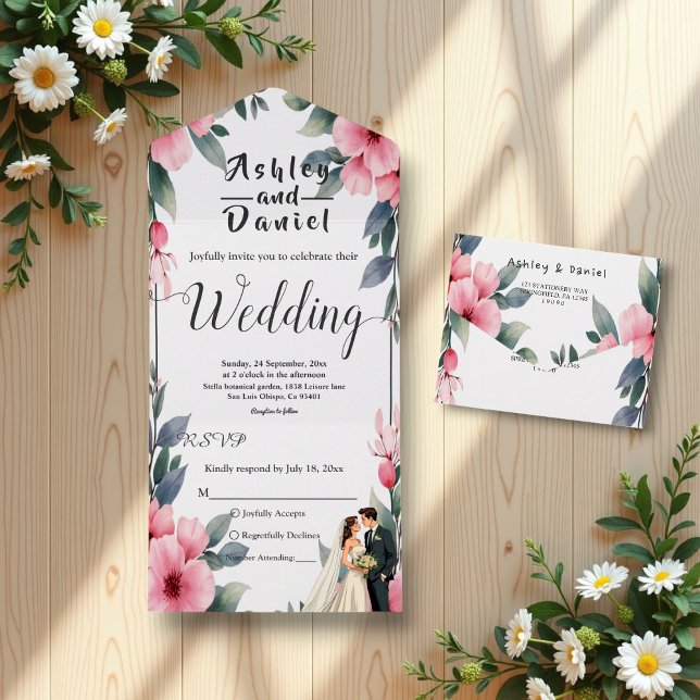 Invitation Tout En Un Aquarelle Florale Mariée Et Mariage De Chambres (Créateur téléchargé)