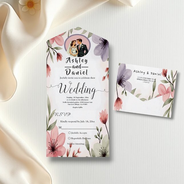 Invitation Tout En Un Aquarelle Florale Mariée Et Mariage Romantique (Créateur téléchargé)