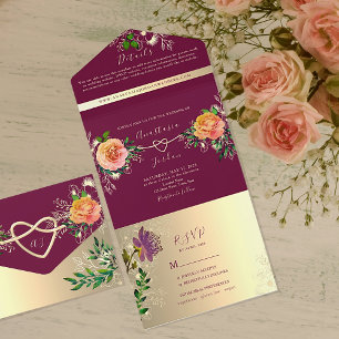Invitation Tout En Un Aquarelle Florale Peach Mariage rose