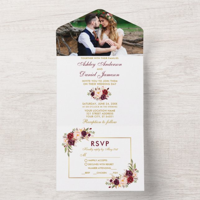 Invitation Tout En Un Aquarelle Florale photo RSVP choix de repas Mariag (À l'intérieur)