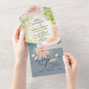 Invitation Tout En Un Aquarelle Florale sur Mariage bleu Dusty