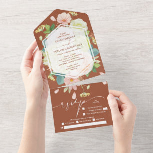 Invitation Tout En Un Aquarelle Florale sur Mariage en terre cuite