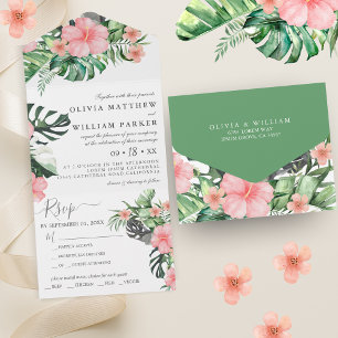 Invitation Tout En Un Aquarelle florale tendance Mariage vert tropical
