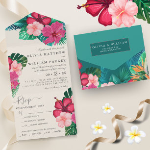 Invitation Tout En Un Aquarelle florale tendance Mariage vert tropical