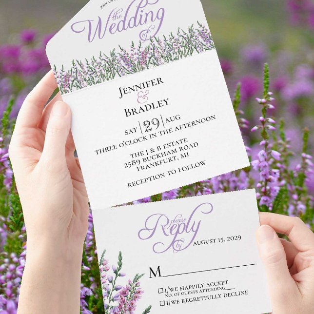 Invitation Tout En Un Aquarelle Floraux Mariage Heather Tout en un Inv (Beautiful Scottish heather wedding invitation--a special delivery for your special day.)