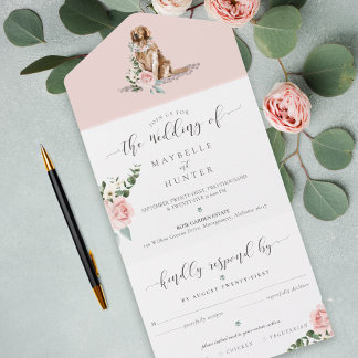 Invitation Tout En Un Aquarelle Golden Retriever Dog & Floral Rose