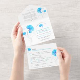 Invitation Tout En Un Aquarelle gris fleurs bleues