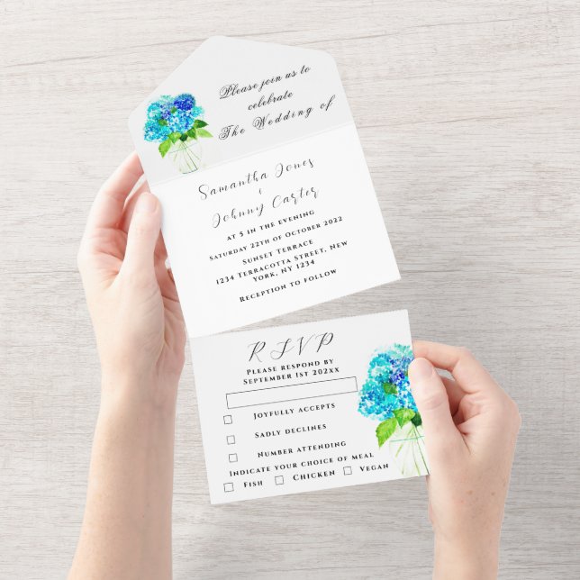 Invitation Tout En Un Aquarelle Hydrangea Blue Floral Mariage (Déchirure)