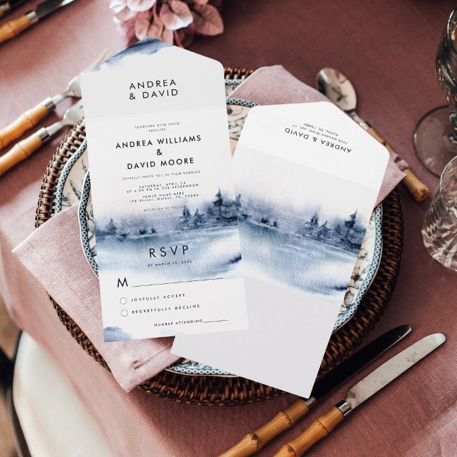 Invitation Tout En Un Aquarelle Indigo Mariage paysage de forêt d'hiver (Créateur téléchargé)