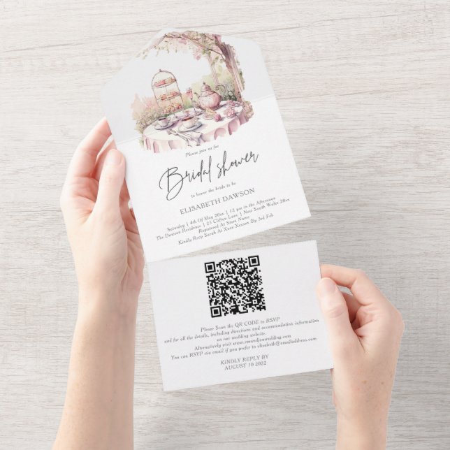 Invitation Tout En Un Aquarelle Jardin Fête des mariées QR Code Rsvp (Déchirure)