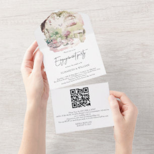 Invitation Tout En Un Aquarelle Jardin Fiançailles QR Code RSVP