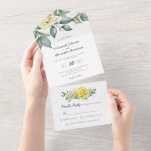Invitation Tout En Un Aquarelle Jaune rose classique mariage de verdure