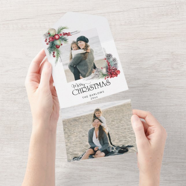 Invitation Tout En Un Aquarelle Joyeux Noël Floral Photo (Déchirure)