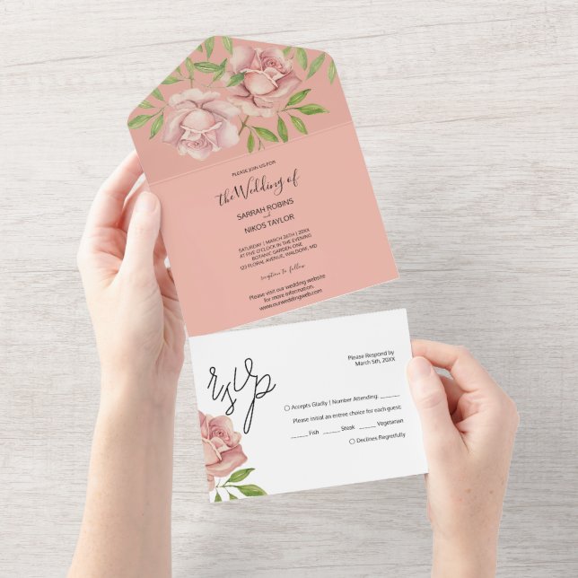 Invitation Tout En Un Aquarelle Lilac Roses Roses Roses Roses Rose Peint (Déchirure)