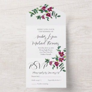Invitation Tout En Un Aquarelle magenta rose vintage roses