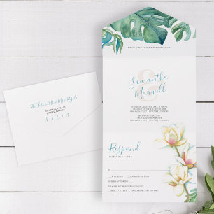 Invitation Tout En Un Aquarelle Magnolia Mariage tout en un