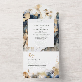 Invitation Tout En Un Aquarelle Mariage bleu et or