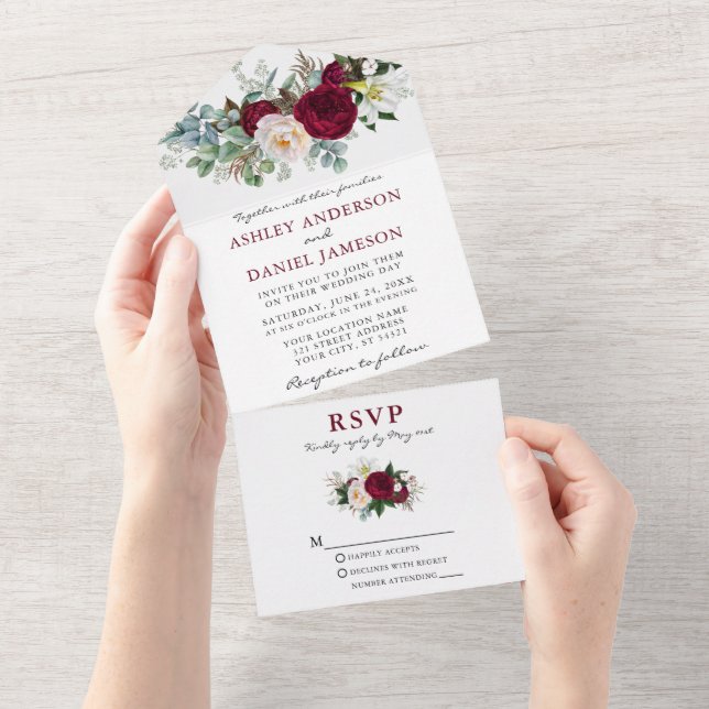 Invitation Tout En Un Aquarelle mariage Bourgogne Flore Vert (Déchirure)