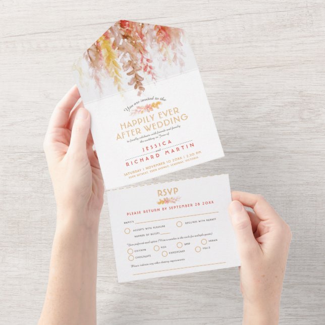 Invitation Tout En Un Aquarelle mariage corail brun automne après-fête (Déchirure)