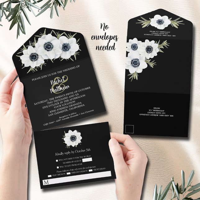 Invitation Tout En Un Aquarelle Mariage floral noir et blanc (Créateur téléchargé)