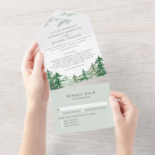 Invitation Tout En Un Aquarelle Mariage forestier avec arbres et paysage