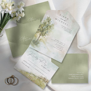 Invitation Tout En Un Aquarelle Mariage Paysage Toutes Sages Green ID786