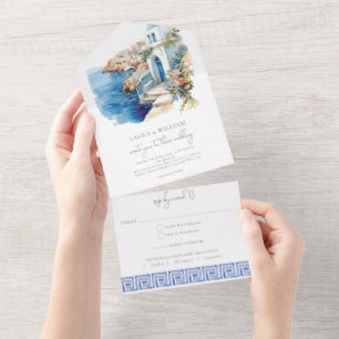 Invitation Tout En Un Aquarelle Mariage Santorin Grèce avec Rsvp
