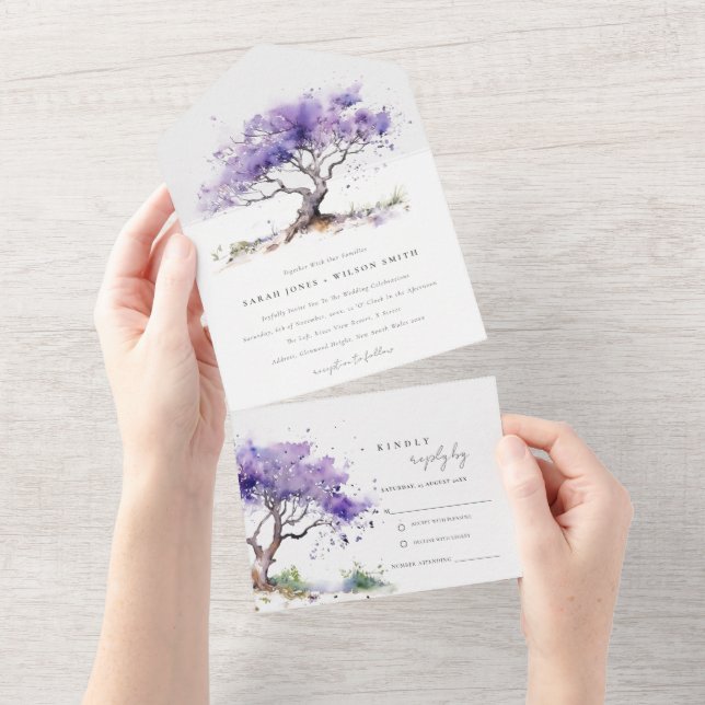 Invitation Tout En Un Aquarelle minimale Lilac Jacaranda Mariage arbre (Déchirure)